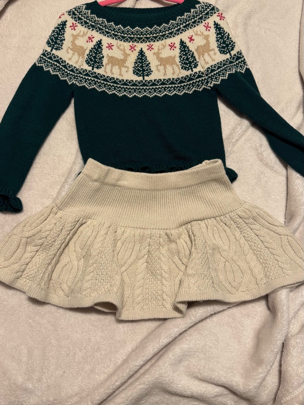 Cream Cable-Knit Flared Skirt with Ribbed Waist